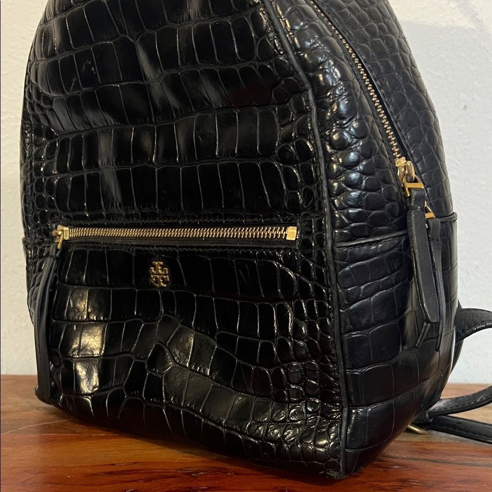 Tory Burch Croc Embossed Black Leather Backpack Purse Gold Authenticity Quality - Picture 10 of 16